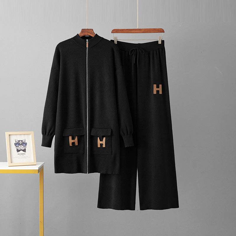 Top + drawstring loose wide-leg pants two-piece set