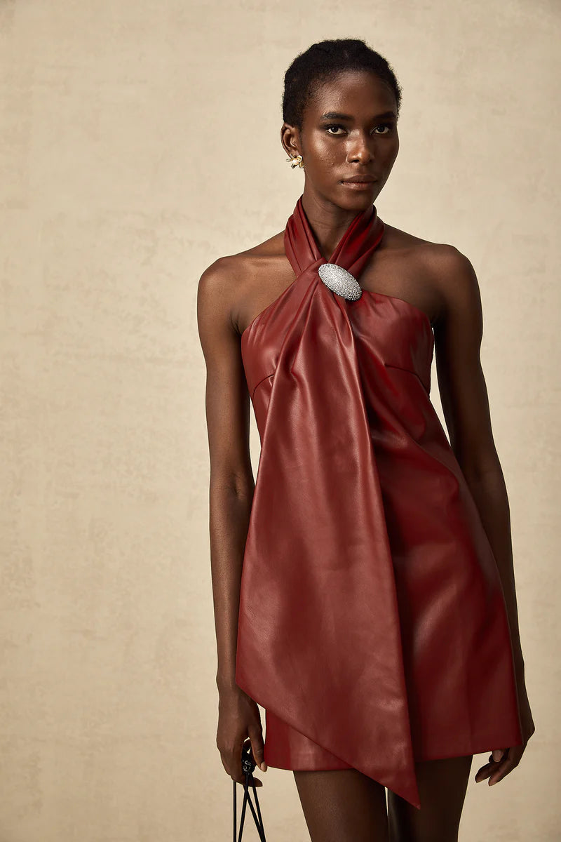 Maxanne Red Halterneck Mini-robe en peau de mouton