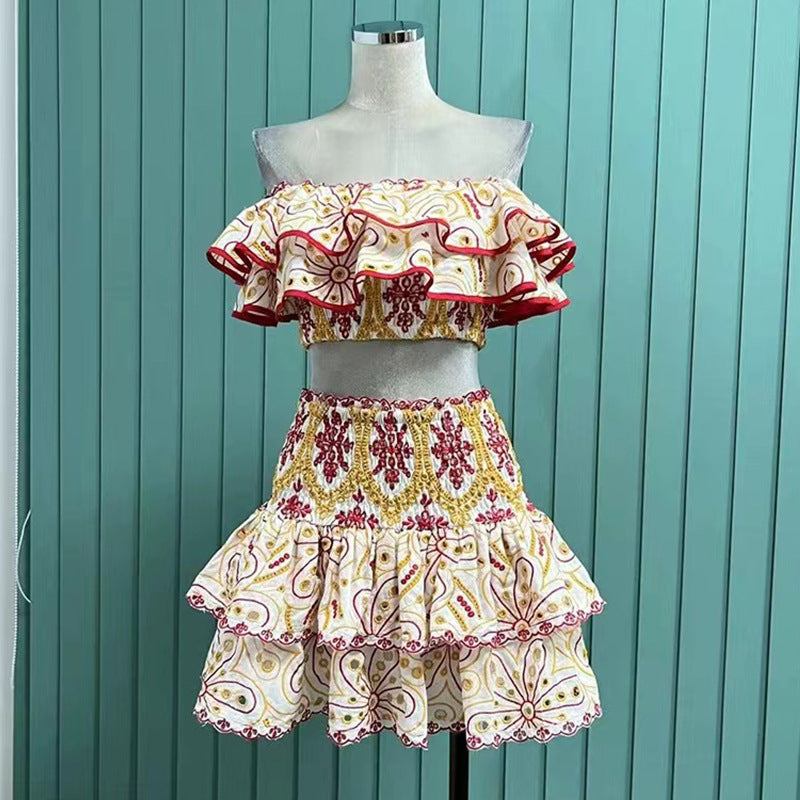 cut-out one-shoulder crop top + ruffle skirt set