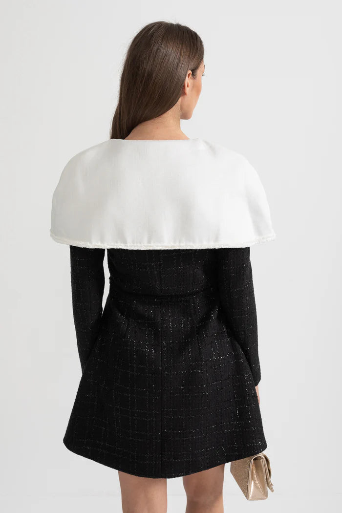 Long Sleeved Textured Tweed Dress With Distinctive Large Shoulder Flaps - Black