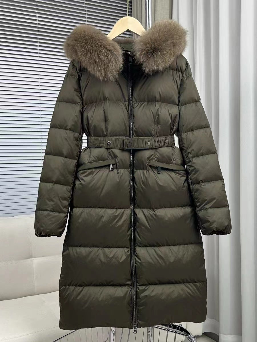 Fox big fur collar mid-length down jacket