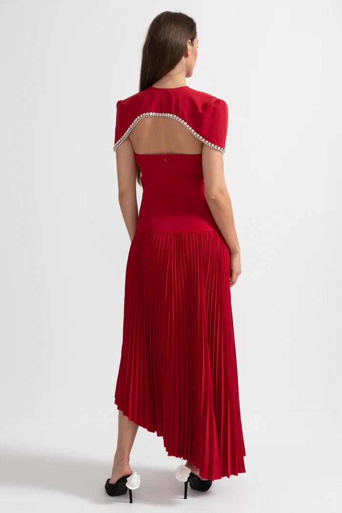 Pleated Midi Dress with Detachable Embellished Shoulder Cape - Red