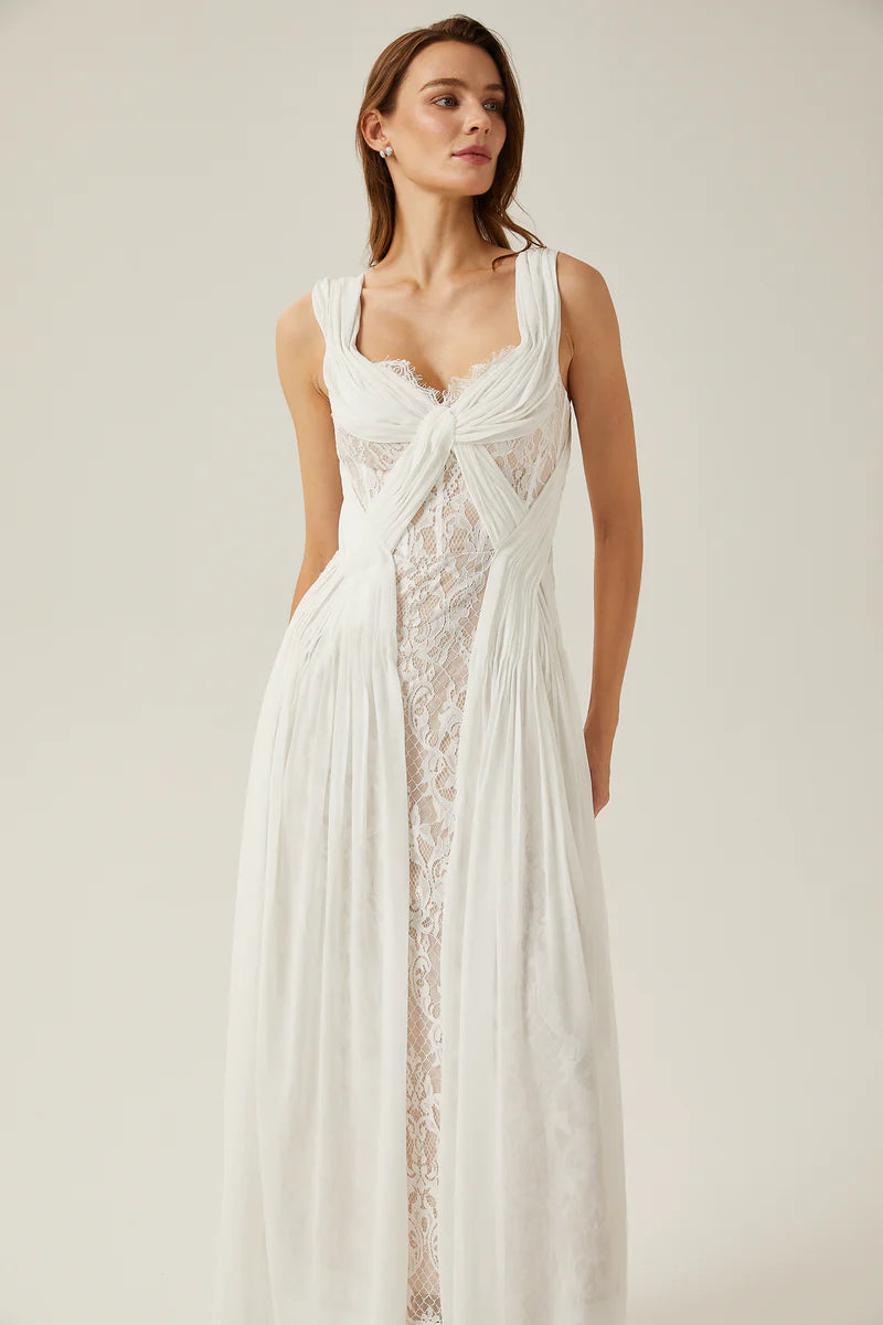 Robe maxi plissée en dentelle blanche Arantxa