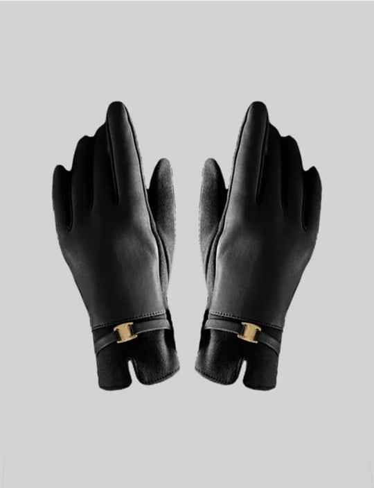 Vegan Leather And Suede Gloves With Gold Buckle Detail - Black