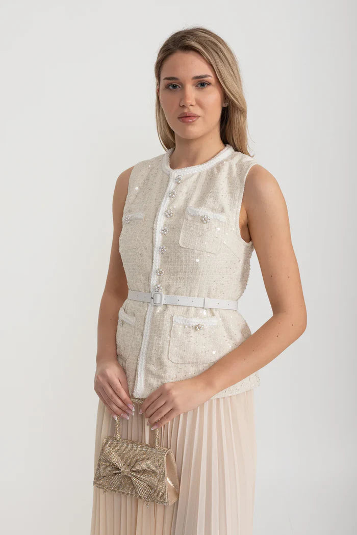 Textured Co-Ord With Front Pockets And Sheer Pleated Skirt - Ivoire