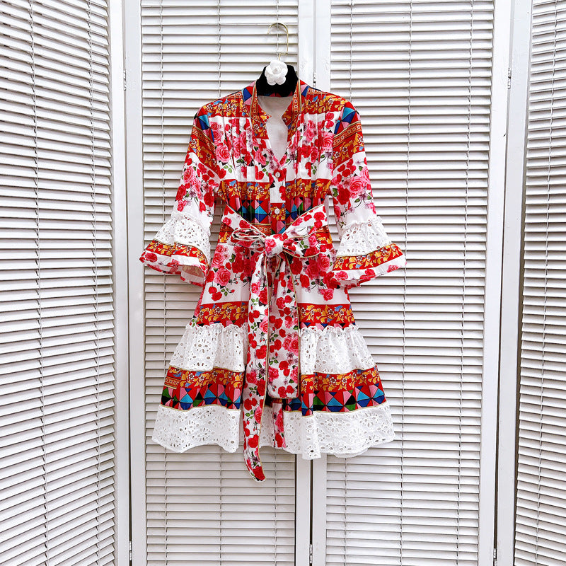 Vneck,bow, tie-in, waist-cinching cut-out dress