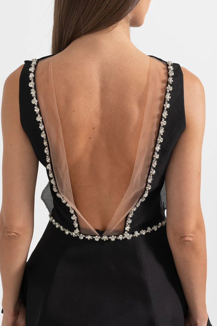 Sleeveless Mini Dress With Sparkling Flower Embellishment - Black