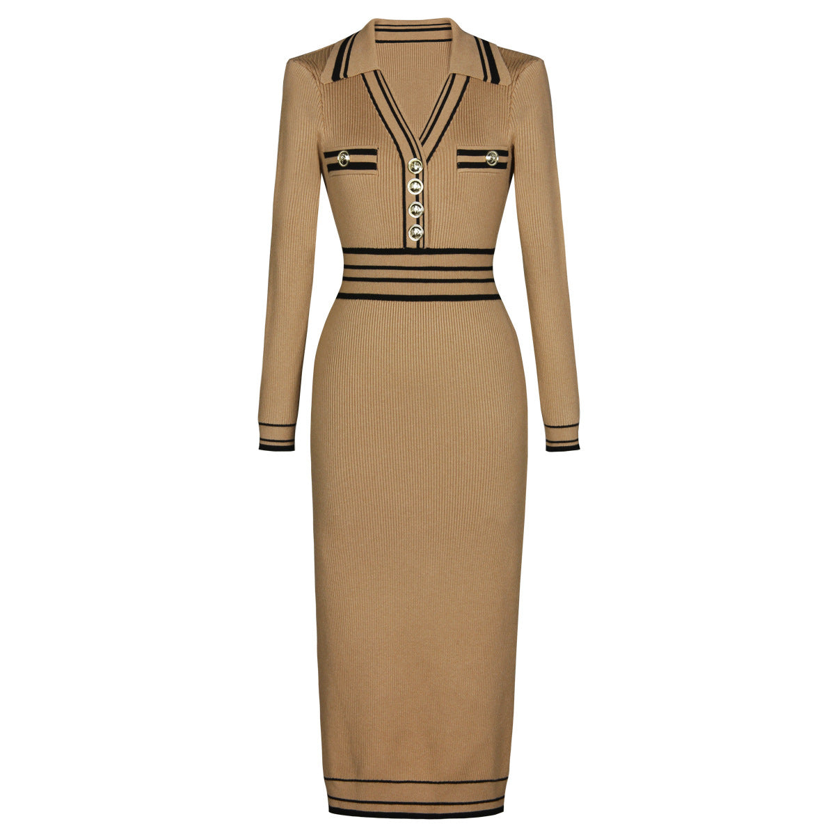 Knitted Lapel Patchwork Slim Long Sleeve Dress