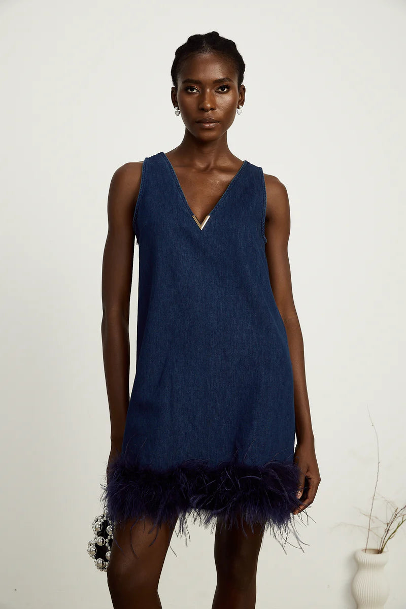 Selene bleu sans manches en plume-trim mini robe
