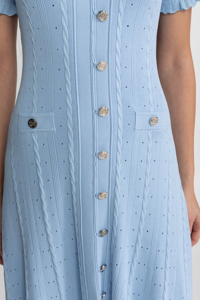Knit Button-Front Midi Dress with Scalloped Sleeves – Baby Blue