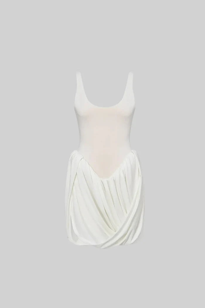 Draped Mini Dress With Sculptural Skirt And Side Slit - White