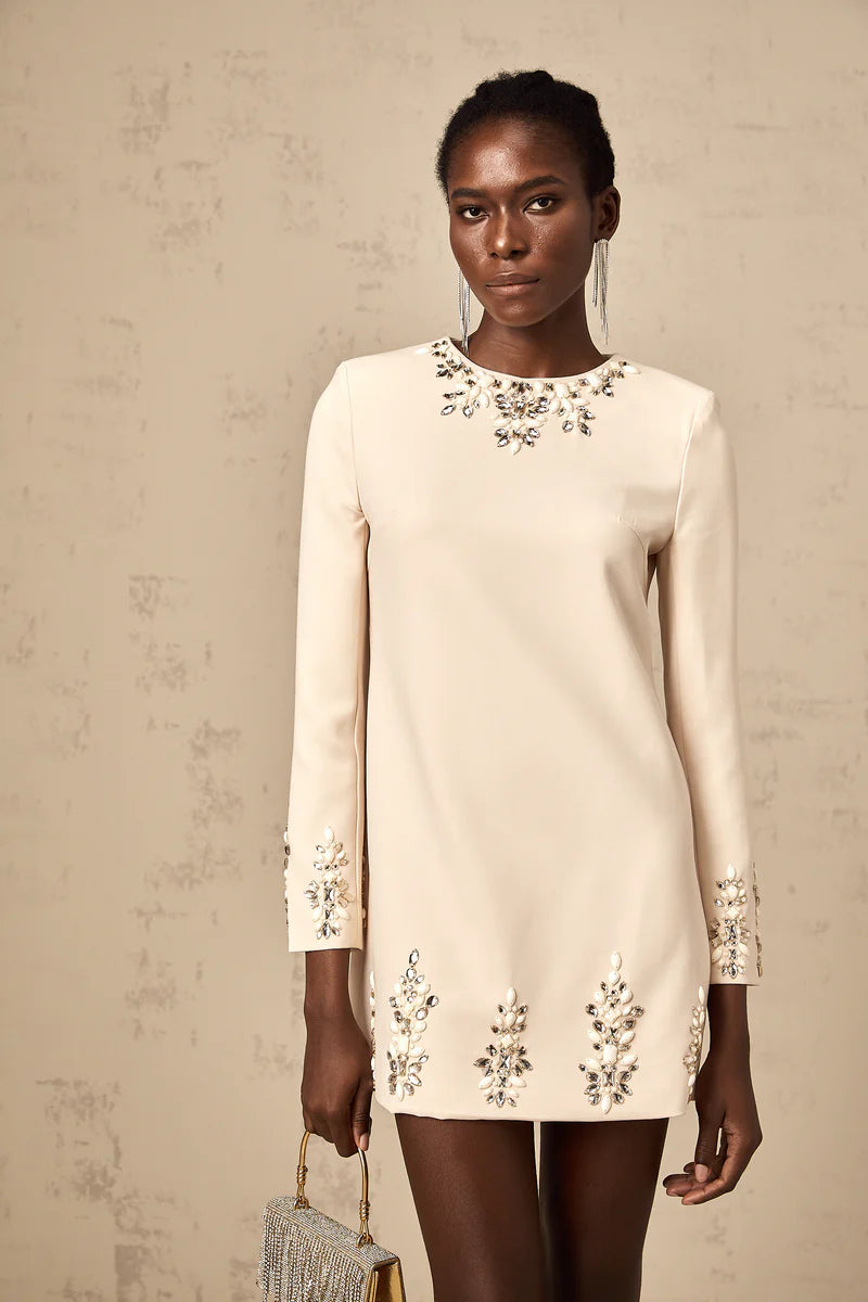 Mélissa crystal-embellished long-sleeved mini dress in Neutrals