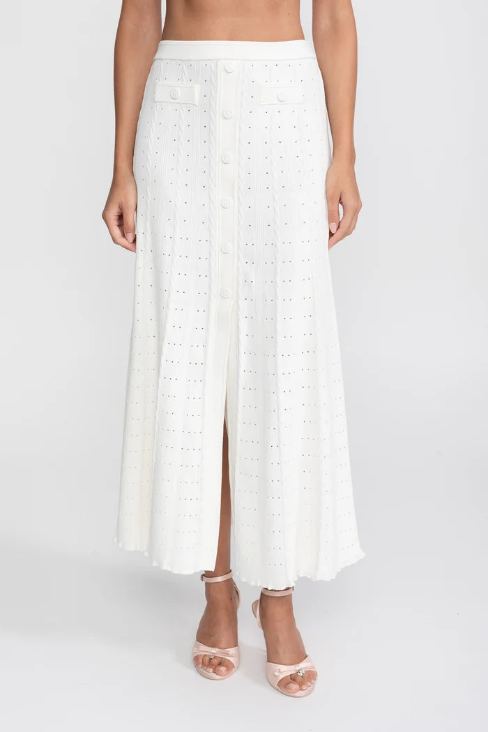 Ribbed Knit Co-Ord Set With Buttoned Front Cardigan And Matching Maxi Skirt - White