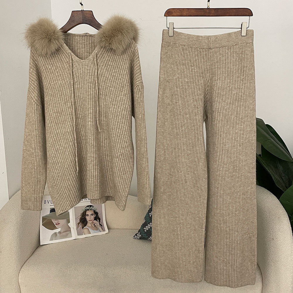 Sweater Wide-leg Pants Hooded Loose set