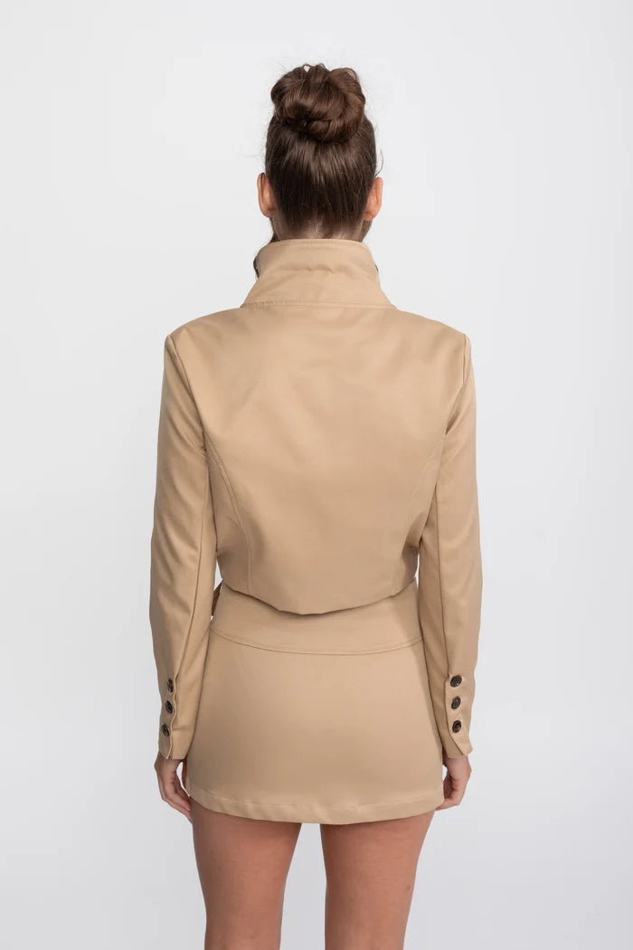 Double-Breasted Cropped Jacket And Mini Skirt Co-Ord Set - Khaki