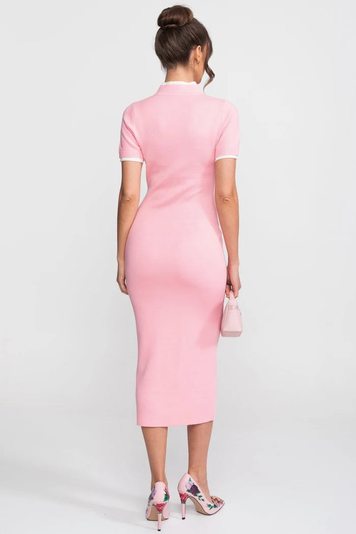 Ribbed Knit Midi Dress With Contrast Trim And Decorative Pockets - Pink