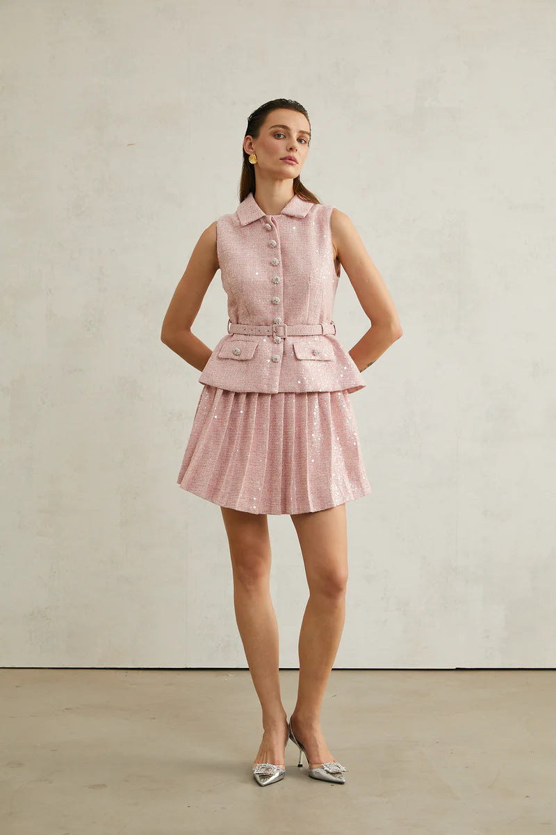 Élise Pink Pleed Embellied Mini Robe