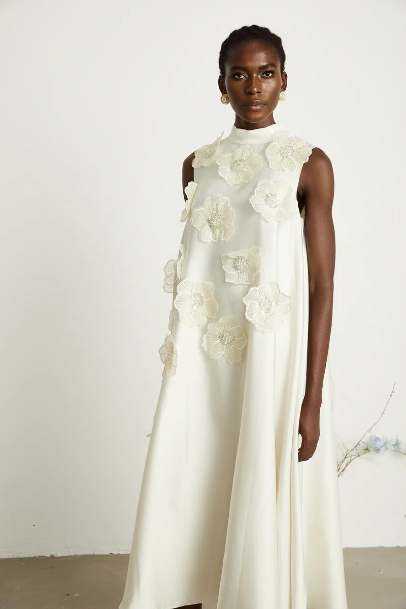 Émilie sleeveless floral-applique maxi dress in White