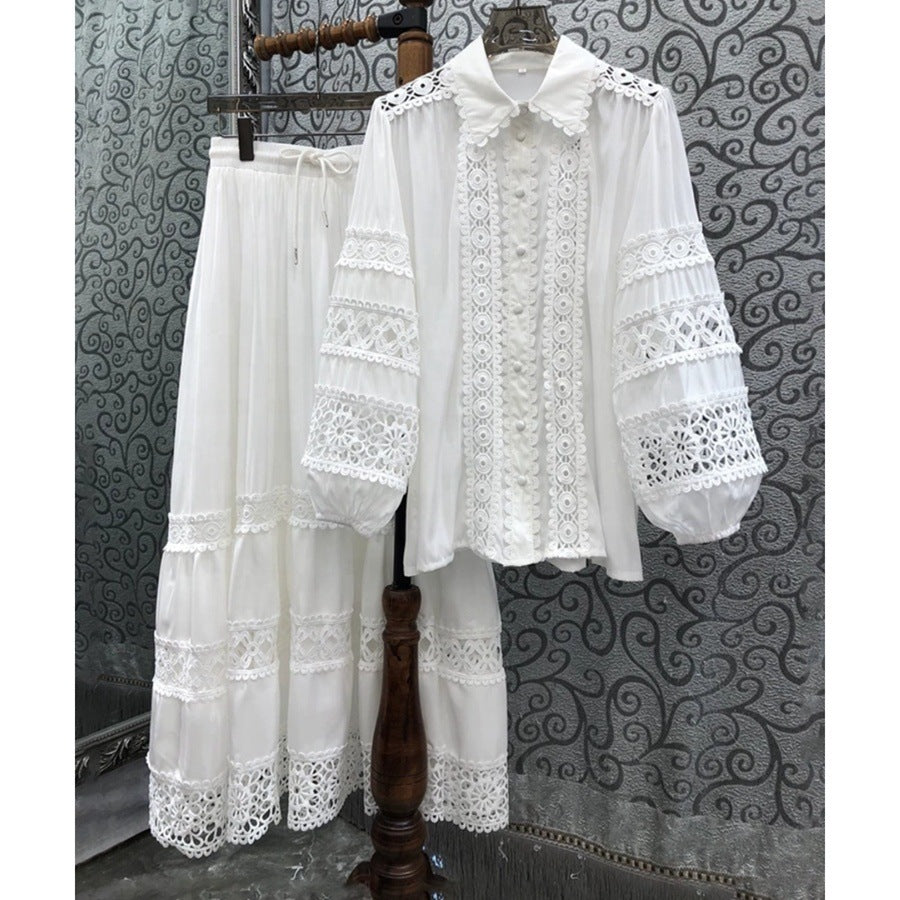 Water-soluble flower balloon sleeve shirt + long skirt set