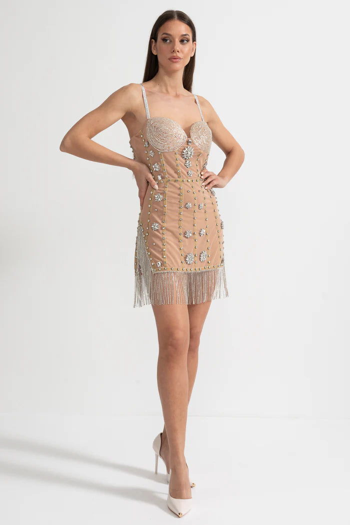 Mini Dress With Fitted Bodice, Silver Beading Accents And Sparkling Fringed Hem - Beige