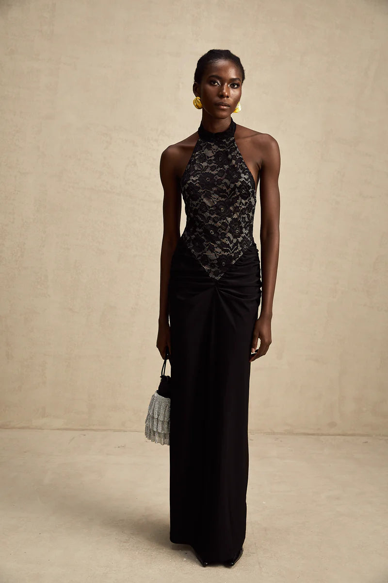 Camille black halterneck floral-lace maxi dress
