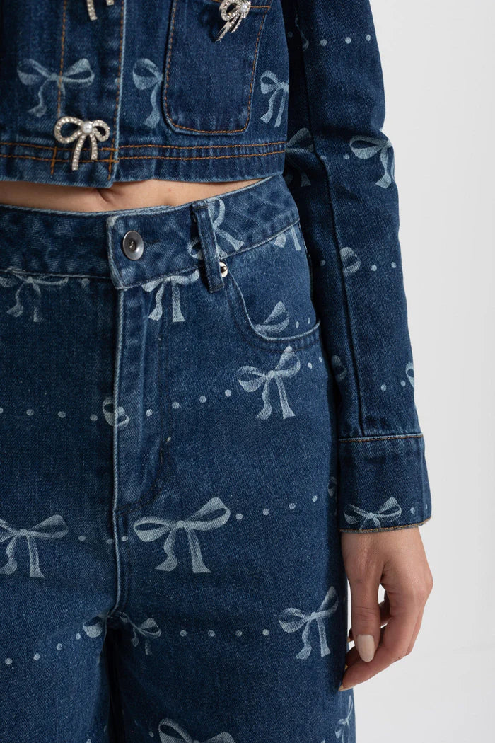 Denim-Koordinat-Ensemble mit langärmer Jacke und Weitbein-Jeans-Blau