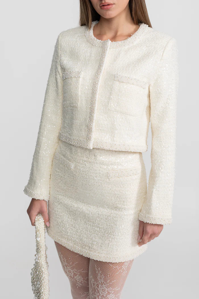 Tweed Blazer With Beaded Trim - Ivoire