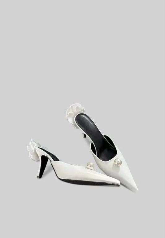 Satin Sandals with Pearl and Flower Detail - White