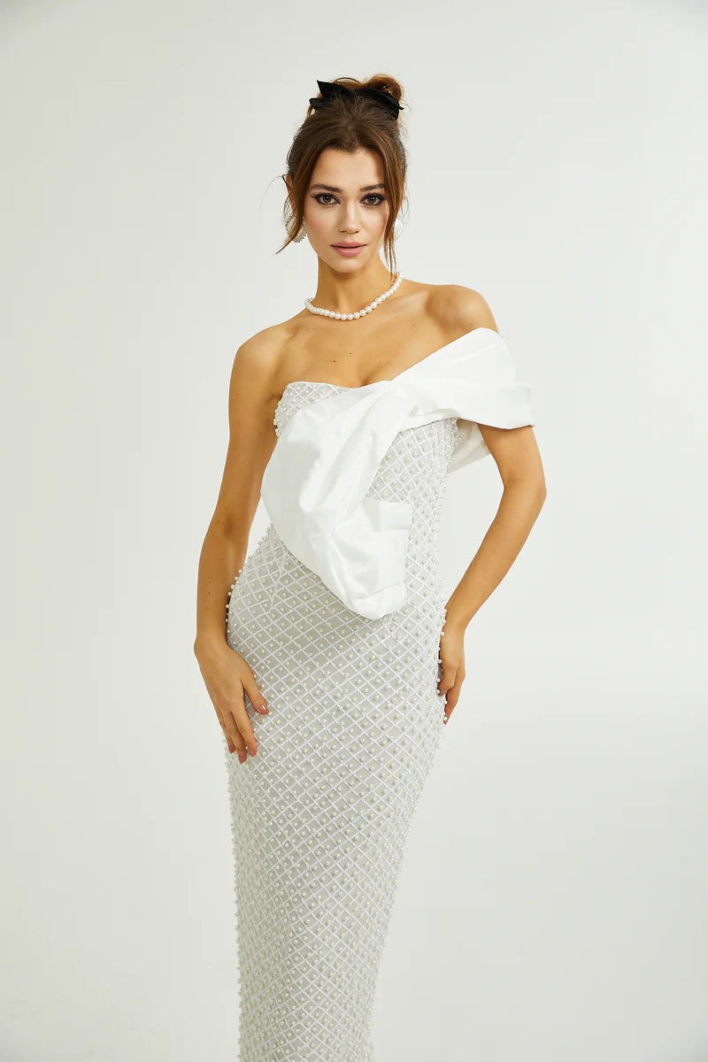 Maura faux-pearl off-shoulder dress