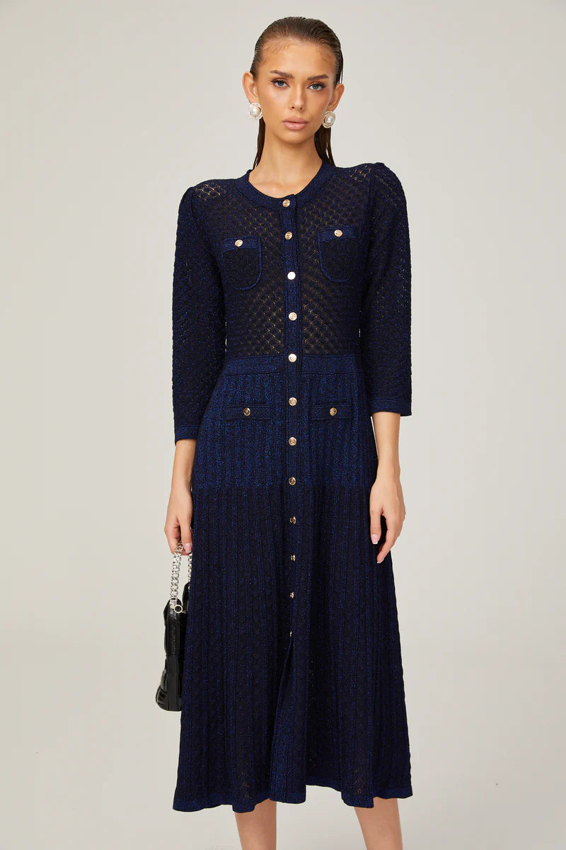 Élodie knitted long-sleeve midi dress in Blue