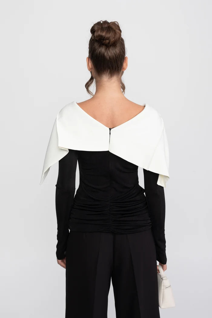 Ruched Wrap Top With Contrasting Cape And Trouser Ensemble - Black