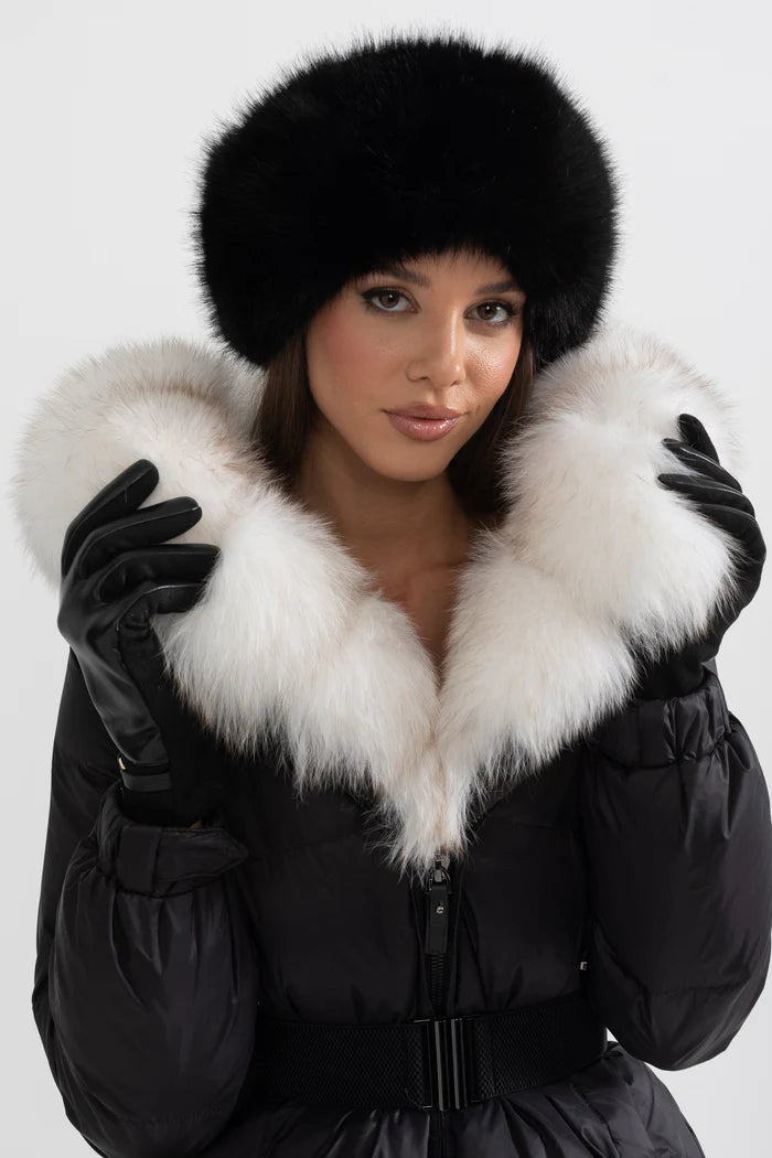 Puffer Jacket With Waistbelt And White Fox Fur-Lined Hood - Black