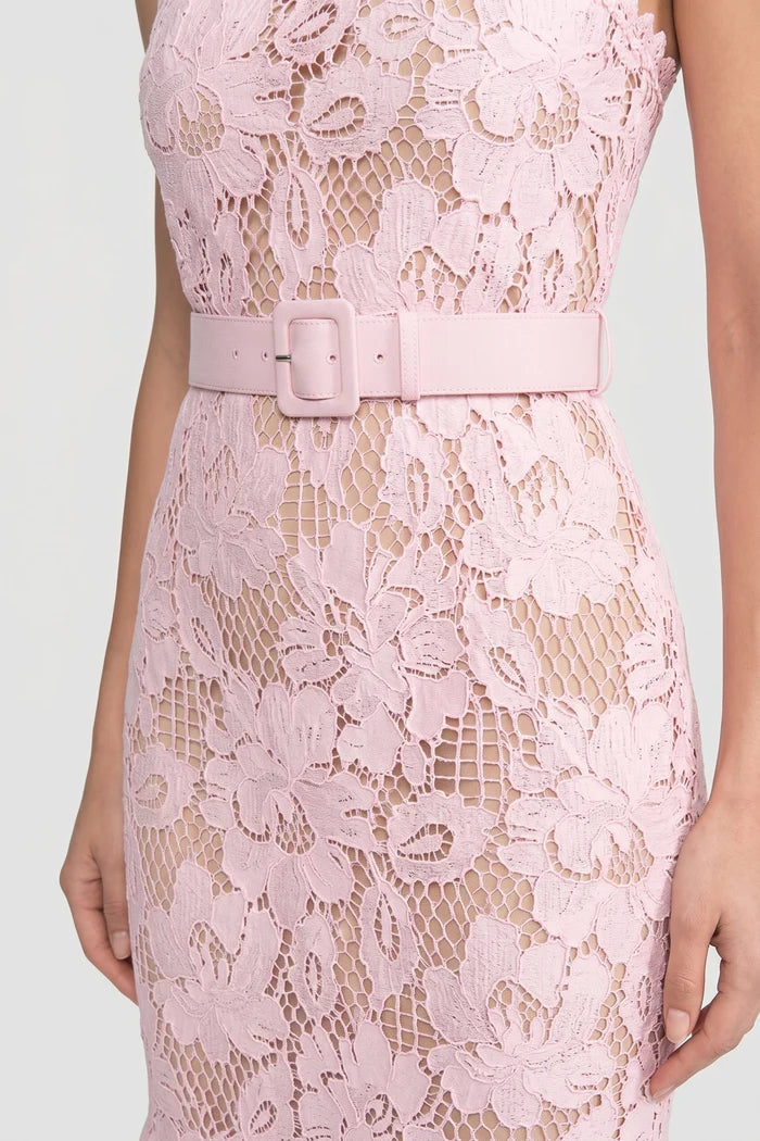 Lace Midi Dress With Belted Waist And Flounce Hem - Pink
