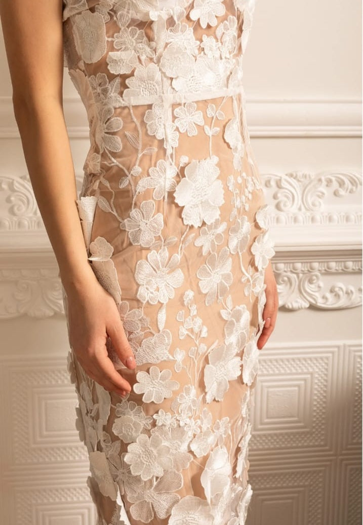 Sheer Embroidered Dress With Intricate Floral Pattern - White