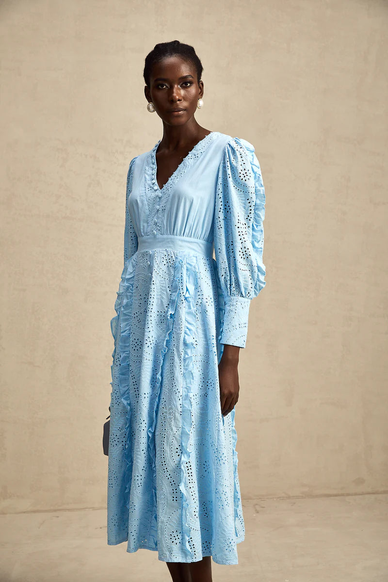 Raphaëlle blue open-work ruffled midi dress