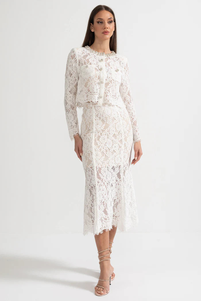Lace Co-Ord With Sparkling Neckline Embellishments And Midi Skirt - White