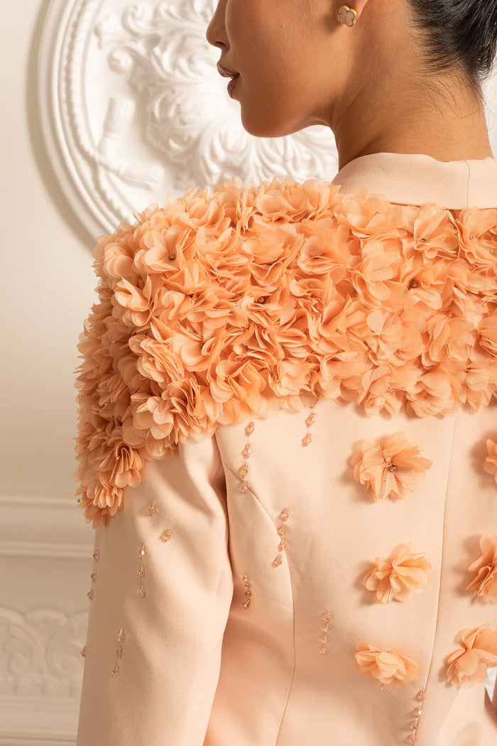 Long Overcoat With 3D Contrasting Floral Shoulder And Back Accents - Peach