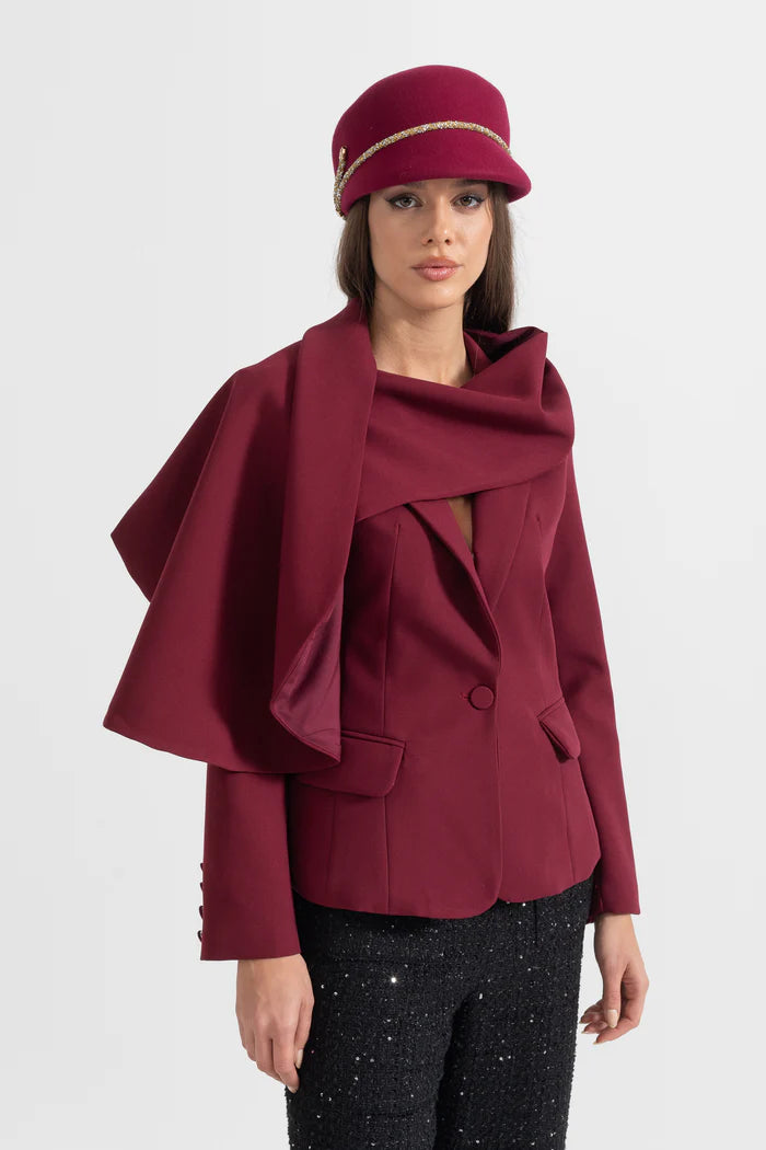 Modern Blazer With Asymmetrical Draped Scarf - Burgundy