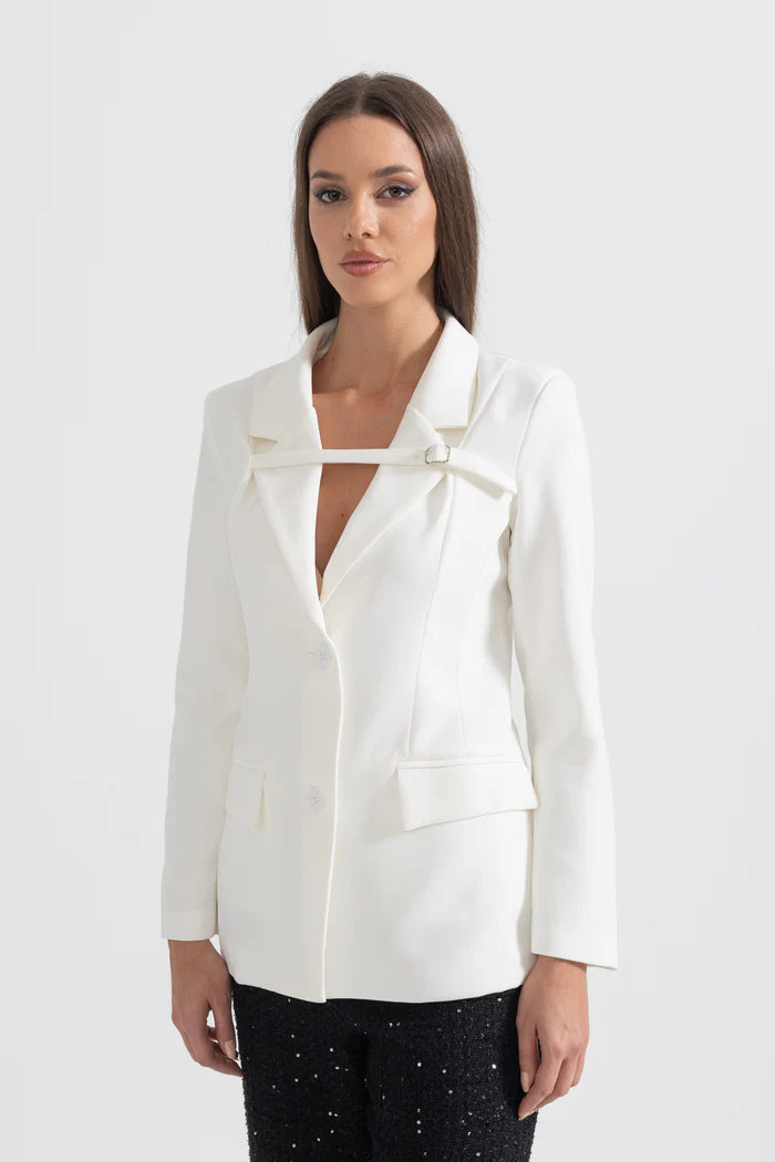 Tailored Blazer With Chest-Crossing Strap - White