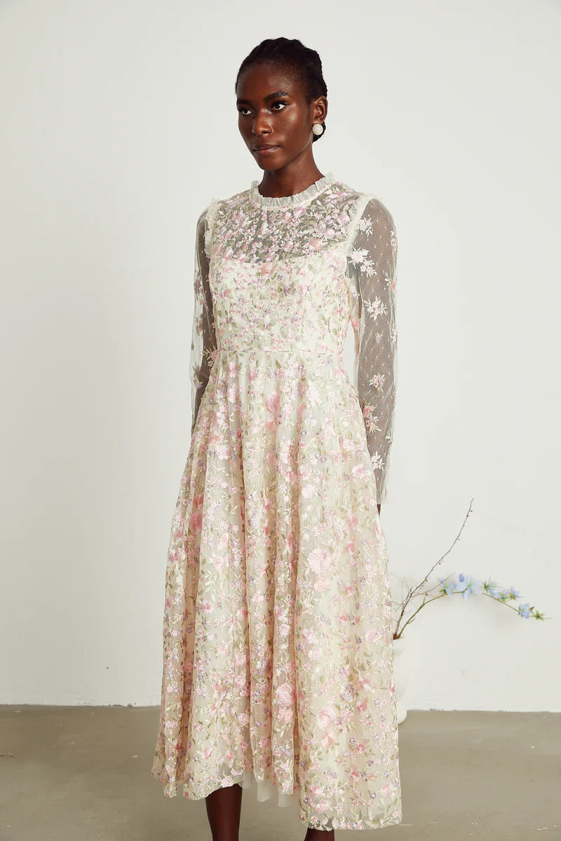 Lucie floral embroidered tulle midi dress