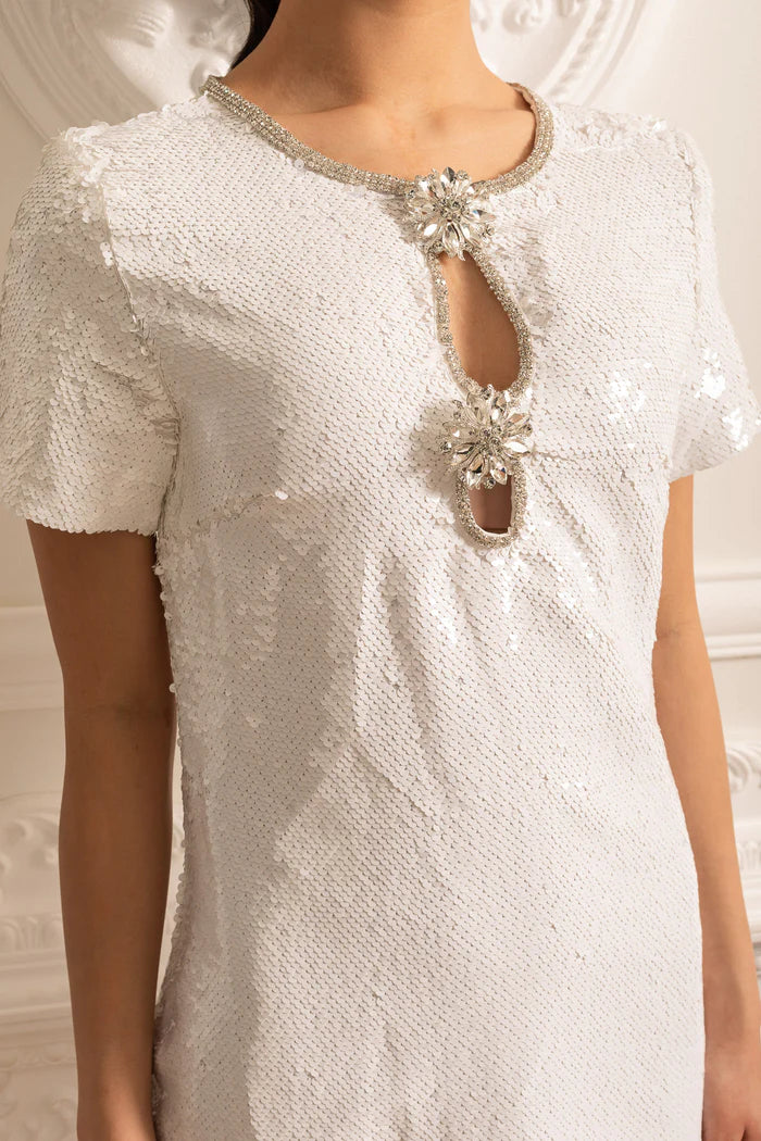 Sequin Mini Dress With Floral Brooches And Sparkling Neckline - White