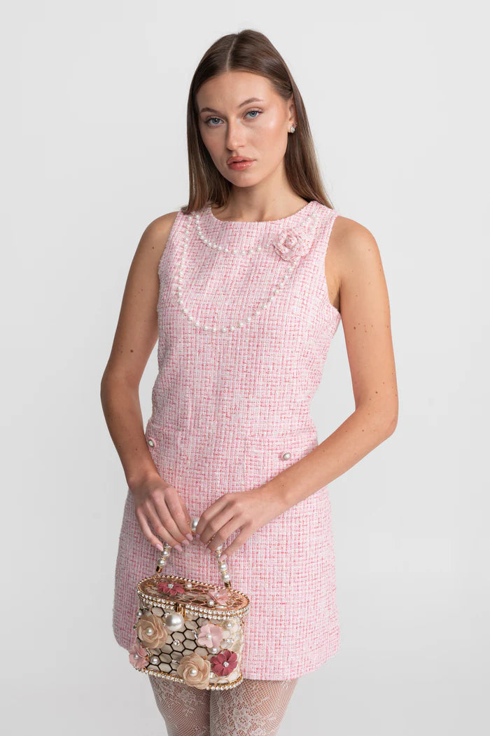 Sleeveless Tweed Mini Dress With Pearl Trim – Pink