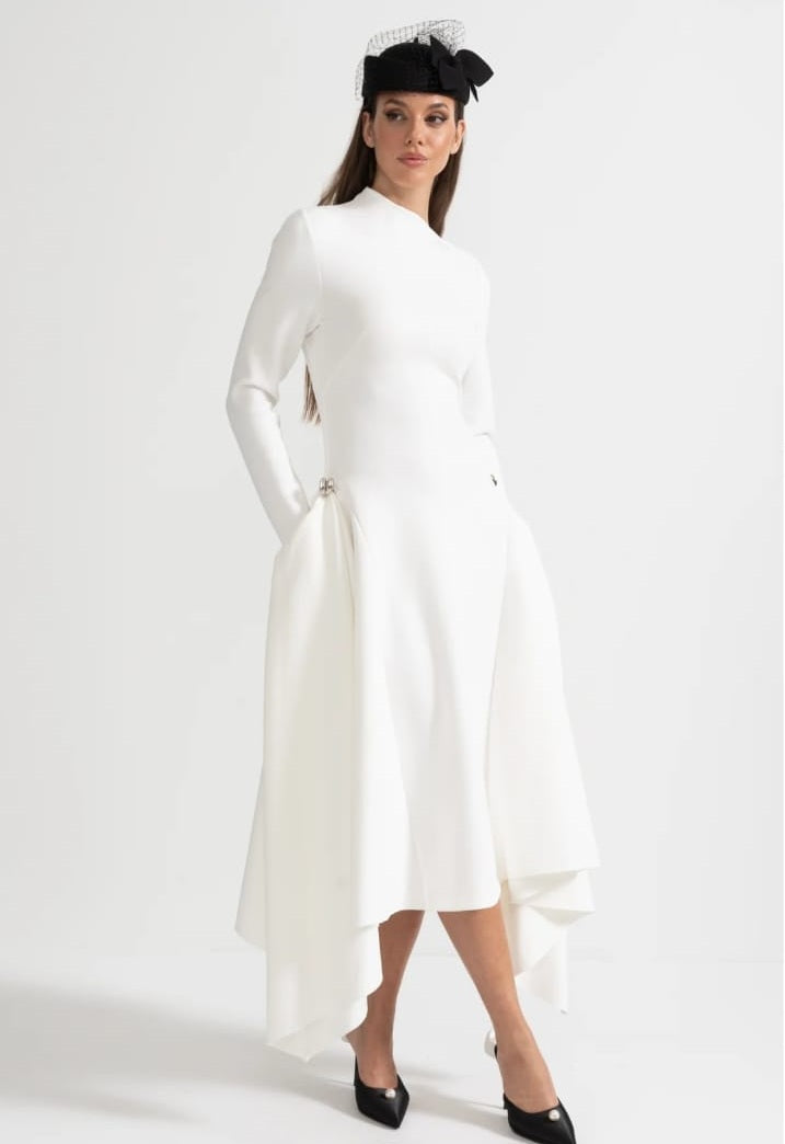 Long-Sleeved Dress With Asymmetrical Hem And Structured Silhouette - White