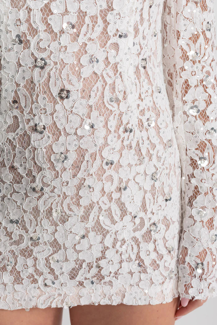 Sequin Lace Mini Dress With Structured Shoulders – White