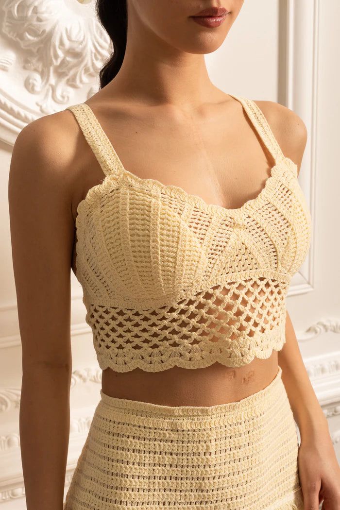 Crochet Ensemble With Crop Top And Coordinated Fringed Mini Skirt - Ivoire
