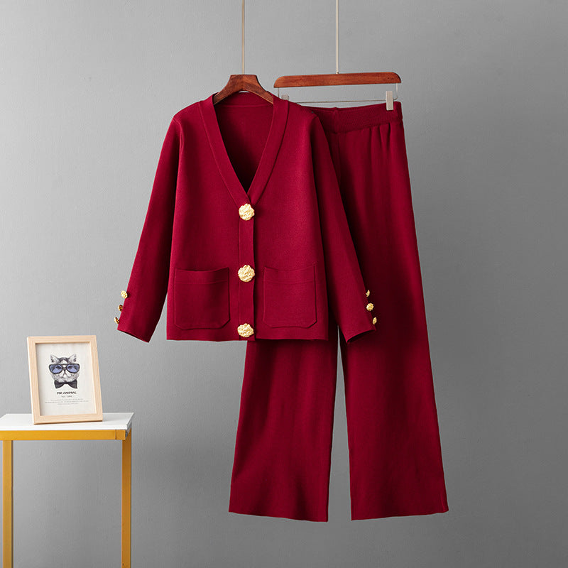 Metal buckle knitted cardigan sweater wide-leg pants set
