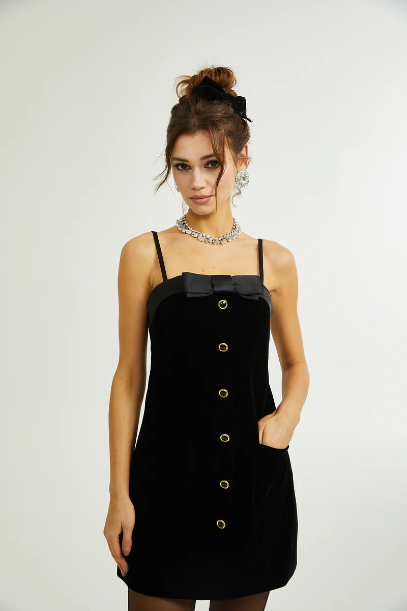 Réeva Bow Embellifhed Velvet Mini Robe