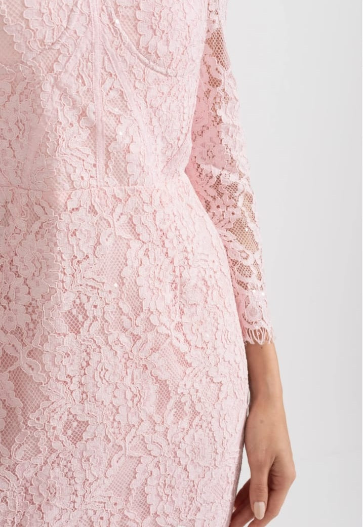 Elegant Long Sleeve Lace Dress With Matching Waist Belt - Pink