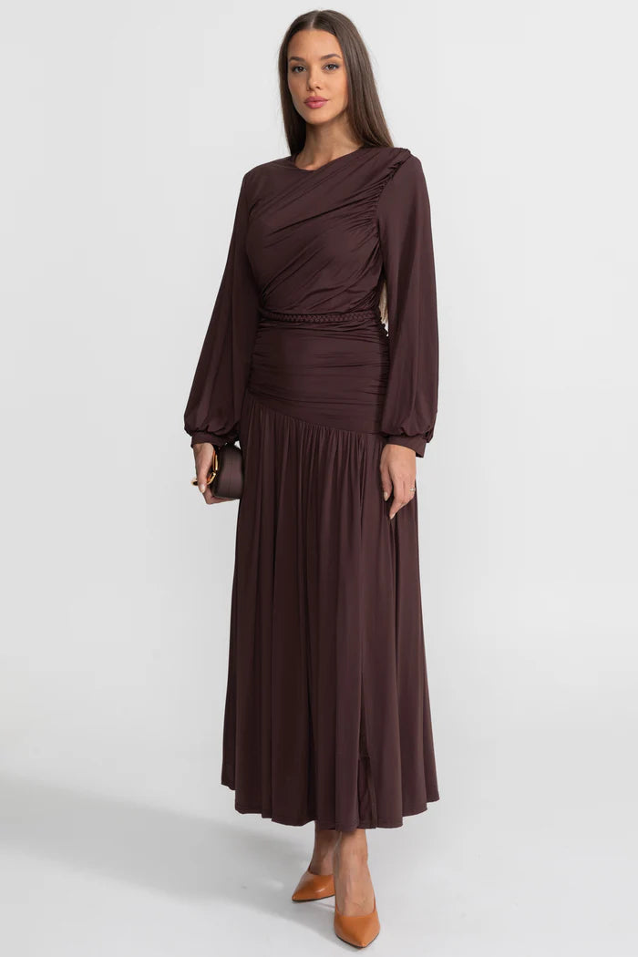 Draped Maxi Dress with Braided Waist Detail - Brown