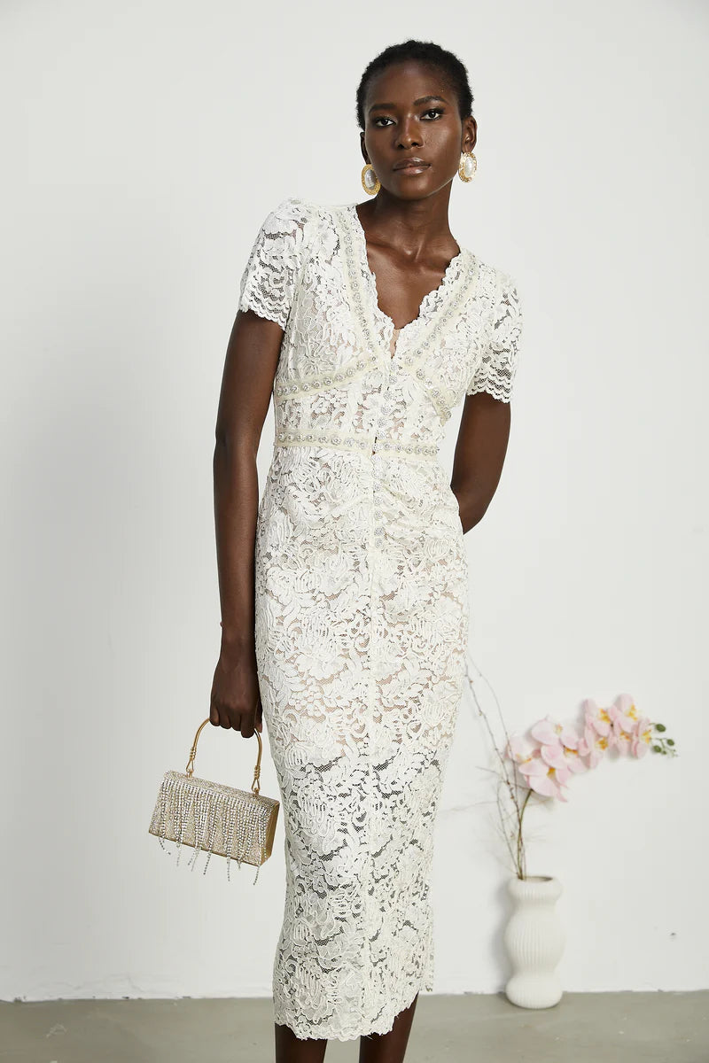 Kalena embellished lace midi dress